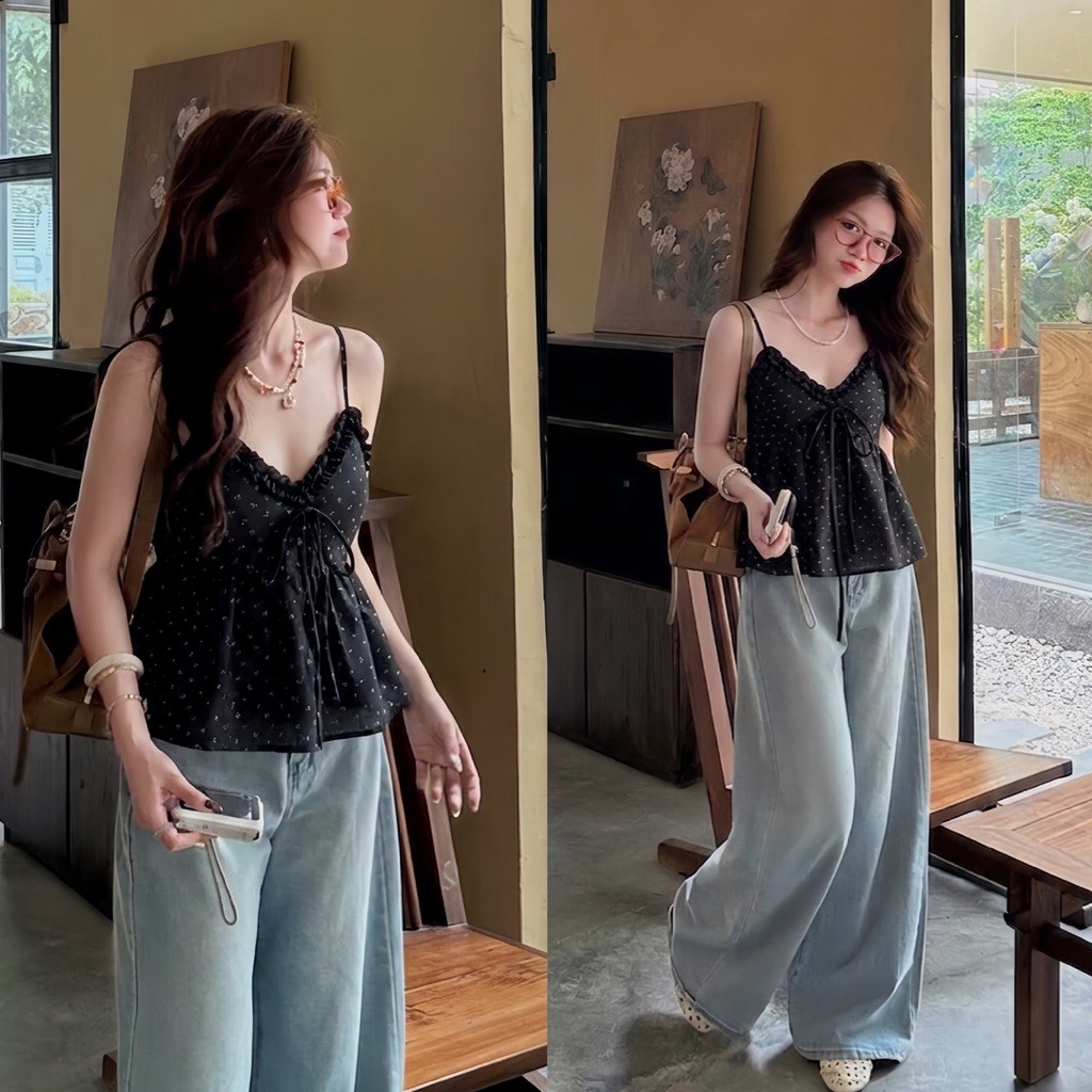 [HÀNG SẴN] Áo hai dây nâu phối bèo đang babydoll style đáng yêu mùa hè  “FOMI TOP” | BigBuy360 - bigbuy360.vn