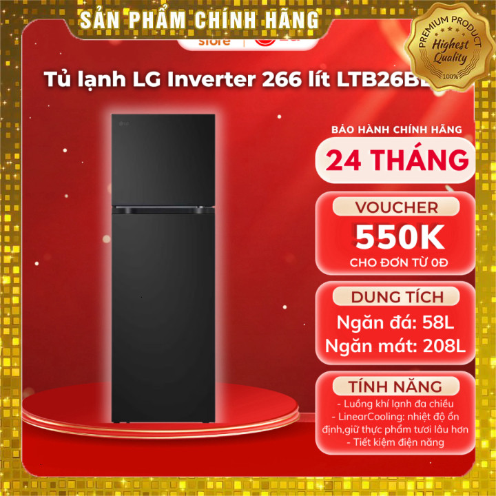 Tủ lạnh LG Inverter 266 lít LTB26BLM, thiết kế ngăn đá trên tiết kiệm điện