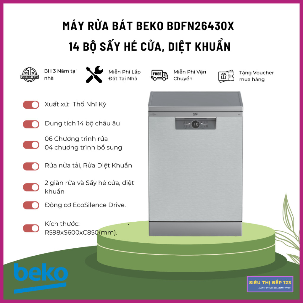 MÁY RỬA BÁT BEKO BDFN26430XC HÉ CỬA TỰ ĐỘNG,  RỬA SIÊU SẠCH, SẤY SIÊU KHÔ, DUNG TÍCH 14 BỘ