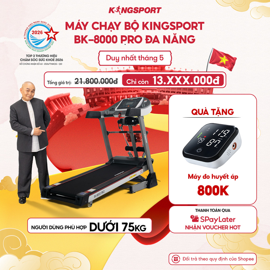 CHỈ GIAO MIỀN BẮC | Máy chạy bộ KINGSPORT BK-8000 Pro đa năng, nâng dốc tự động 18% tốc độ tối đa 14