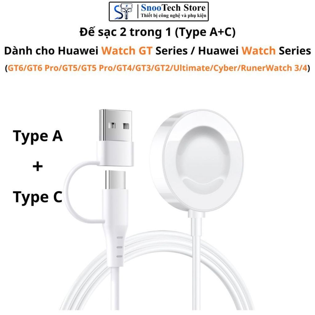 Đế sạc không dây 2 trong 1(A+C)dành cho Huawei Watch GT6/GT6 Pro/GT5/GT5 Pro/GT4/GT3/GT2/Watch Ultim