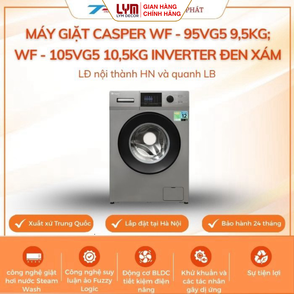 Máy giặt Casper WF-95VG5 9,5kg; WF-105VG5 10,5kg Inverter đen xám |LĐặt nội thành Hà Nội&quanh LB
