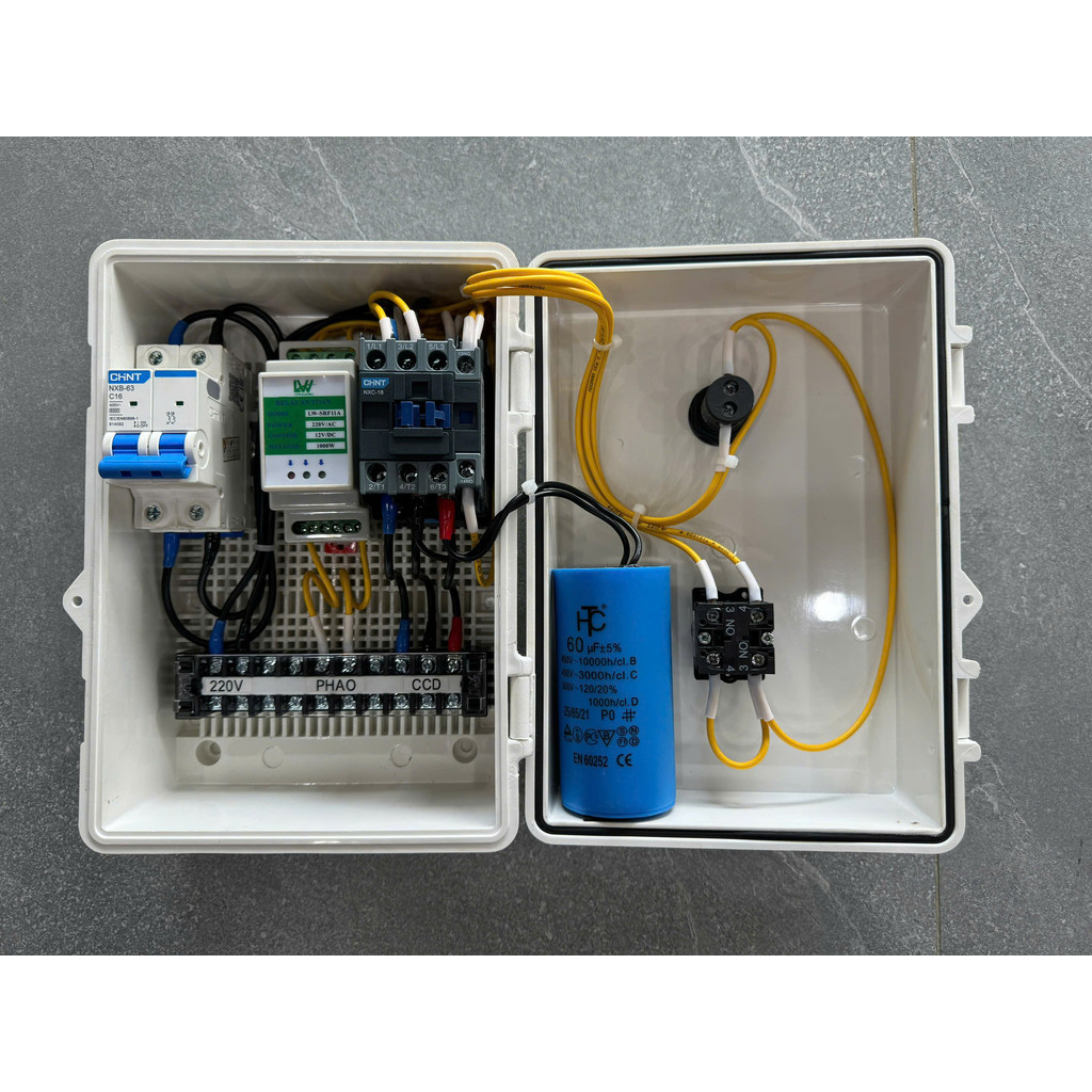 Tủ điện điều khiển bơm Hỏa Tiễn sử dụng phao - 12V lên bồn ( dưới 3Hp )