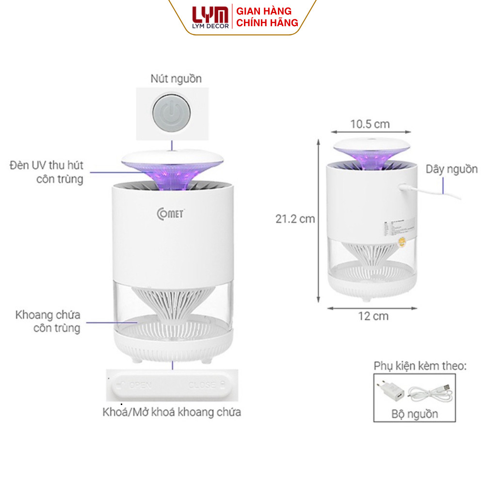 Đèn bắt muỗi Comet CM078, thiết kế nhỏ gọn, tinh tế, sang trọng, thu hút và bẫy diệt muỗi, côn trùng
