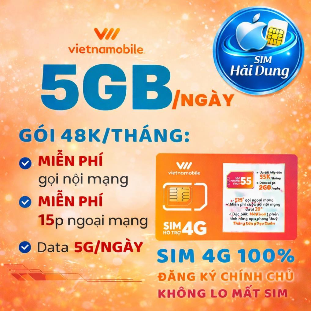 SIM QUỐC DÂN Vietnamobile 4G Ngày 5GB Miễn Phí Gọi Nội Mạng 15P Ngoại Mạng Chỉ 48k/tháng