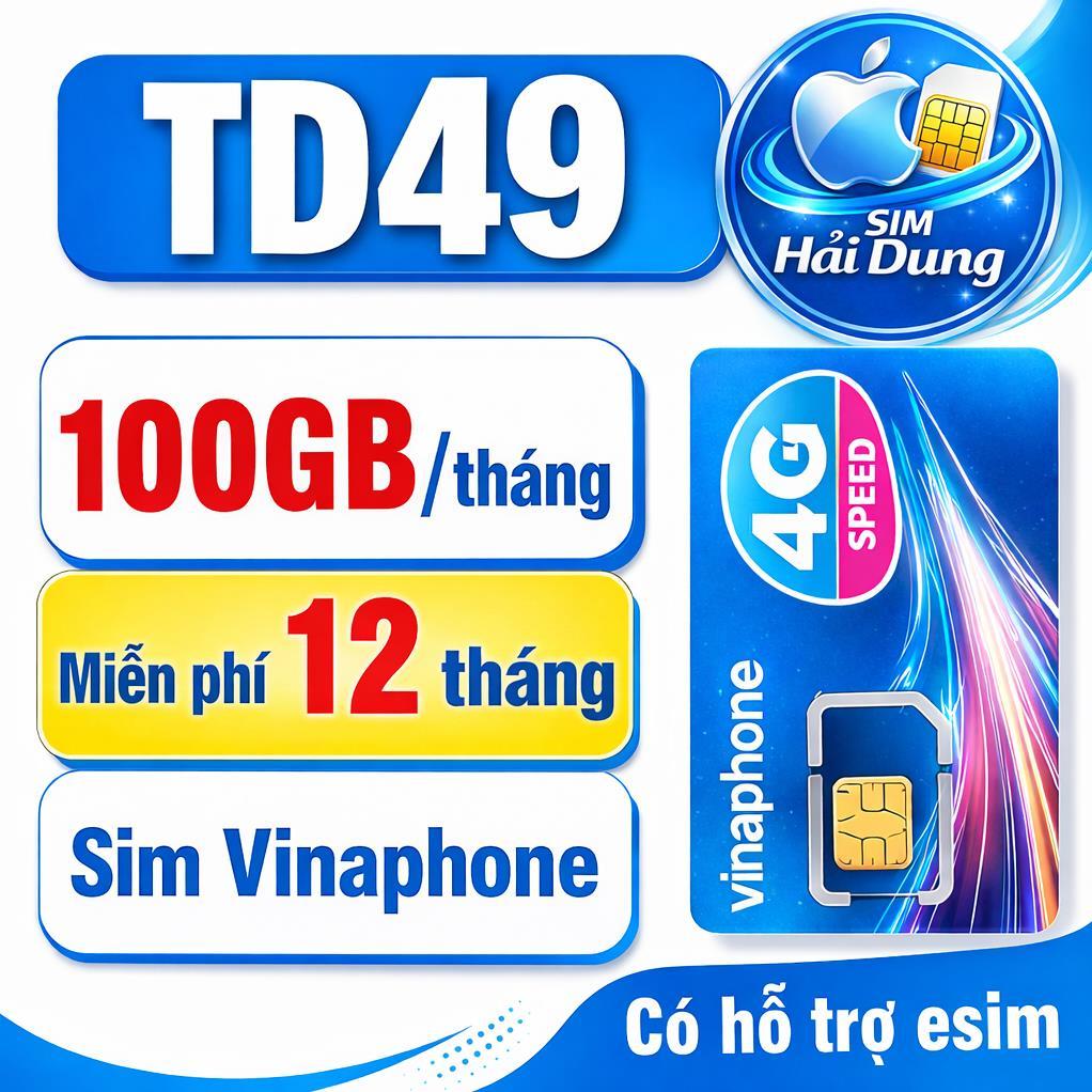 Sim 5G vinaphone 12TD49 - mỗi tháng 100GB tốc độ cao không chia ngày - sử dụng trọn gói 1 năm