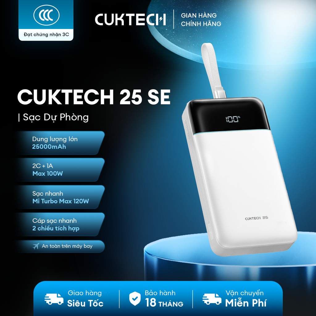 CUKTECH 25 SE Sạc Di Động | 2C+1A Max 100W | Dung Lượng 25.000mAh | Bảo Hành 18 Tháng LPB252N | BigBuy360 - bigbuy360.vn