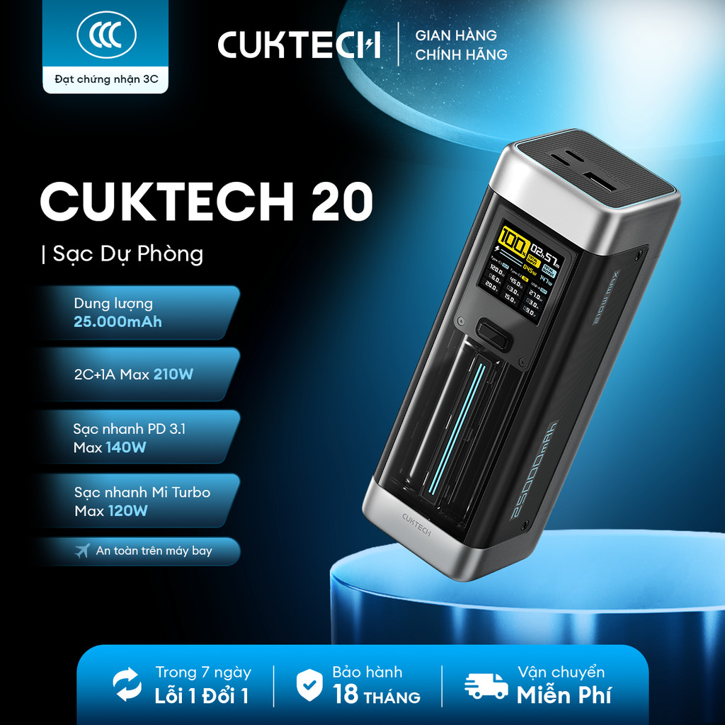 CUKTECH 20 Sạc Di Động 2C1A | Công Suất 210W Max | Dung Lượng 25.000mAh | Bảo Hành 18 Tháng P23