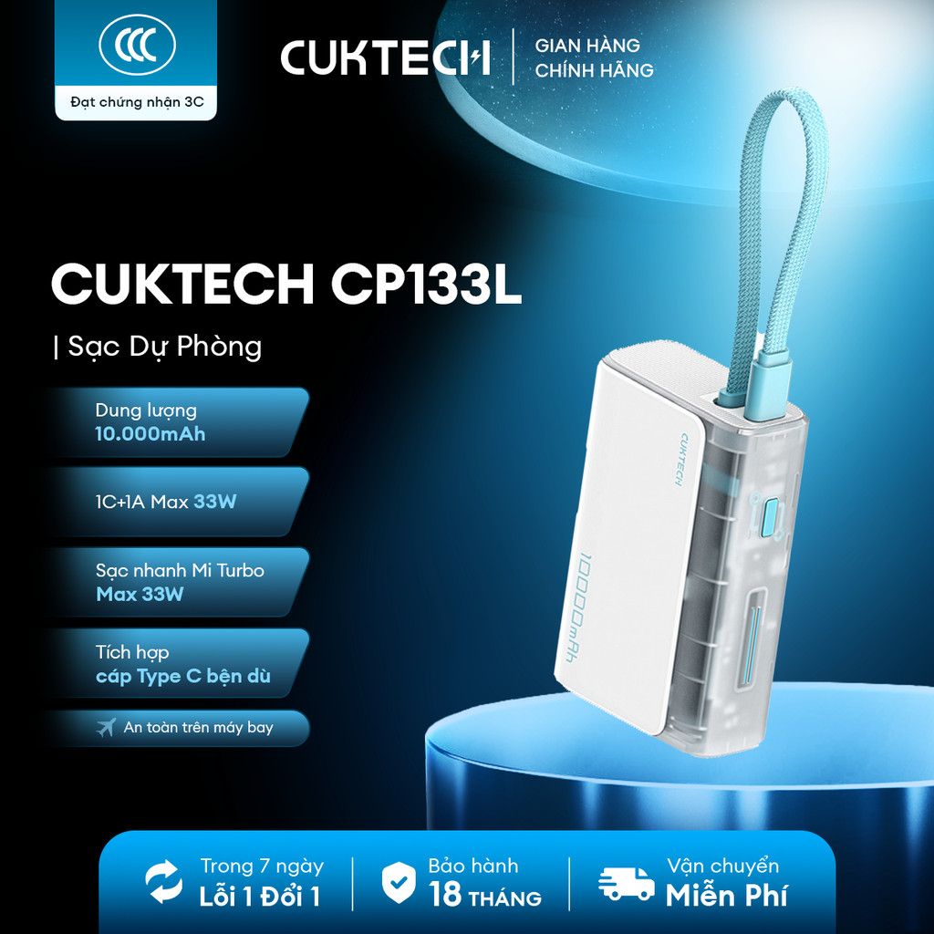 CUKTECH CP133L Sạc Di Động Kèm Cáp | Sạc Nhanh 33W Max | Dung Lượng 10.000mAh | Bảo Hành 18 Tháng LP