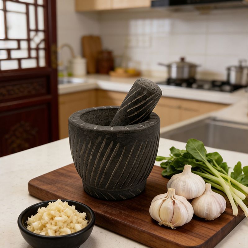 Cối đá tự nhiên chạm khắc thủ công, dụng cụ giã tỏi truyền thống gia đình, cối đá cổ điển, dụng cụ n