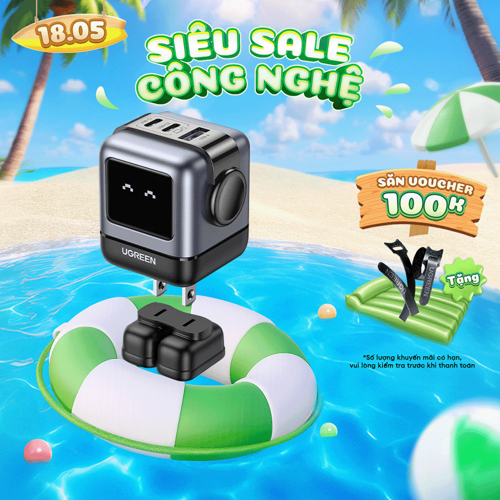 Củ sạc nhanh Robot 65W UGREEN GaN CD361 | Sạc đồng thời 3 thiết bị | Màn hình LCD | Bảo hành 18 thán