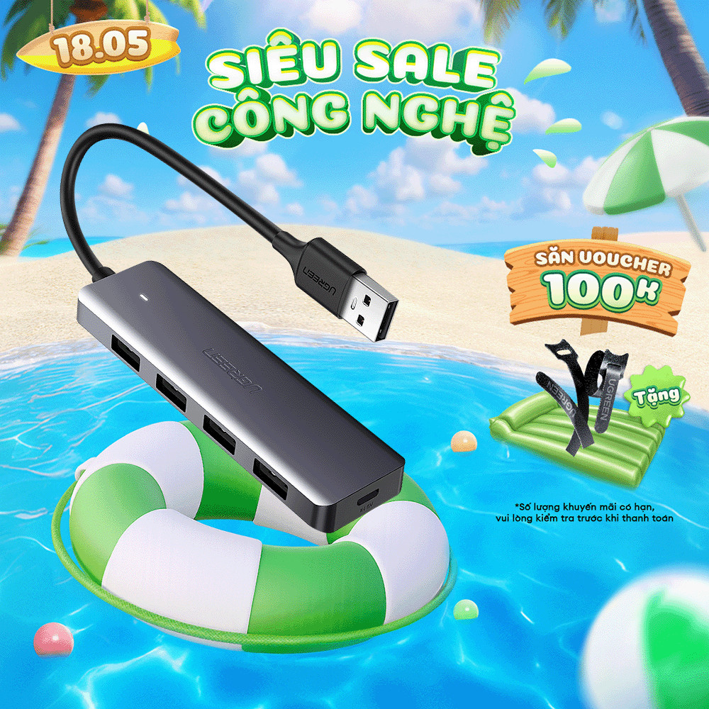 Hub mở rộng USB/Type C sang 4 cổng USB 3.0 UGREEN CM219 Hỗ trợ cổng nguồn Micro USB | Tốc độ truyền tải 5Gbps