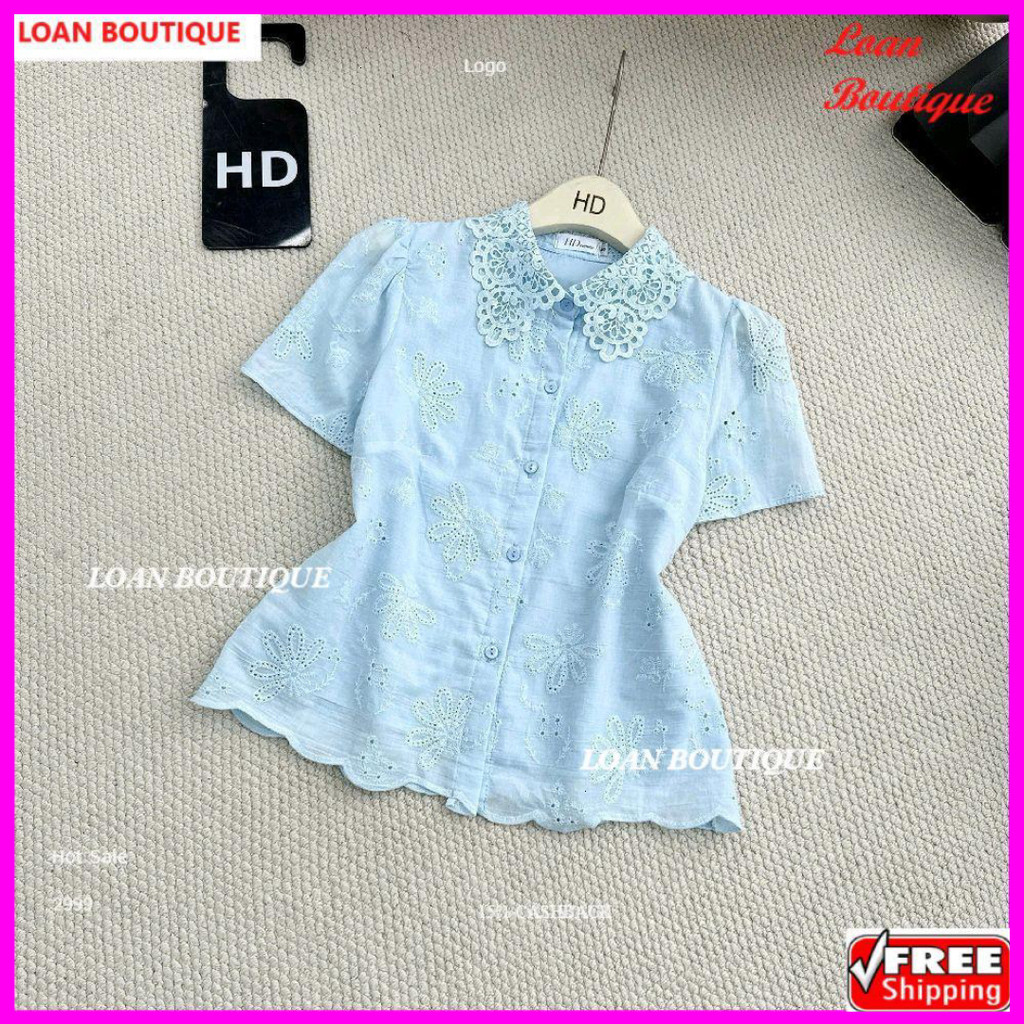 Áo sơmi công sở nữ cổ ren dáng ngắn chất thô boy 2 lớp mềm mát HD -SUN SHOP2