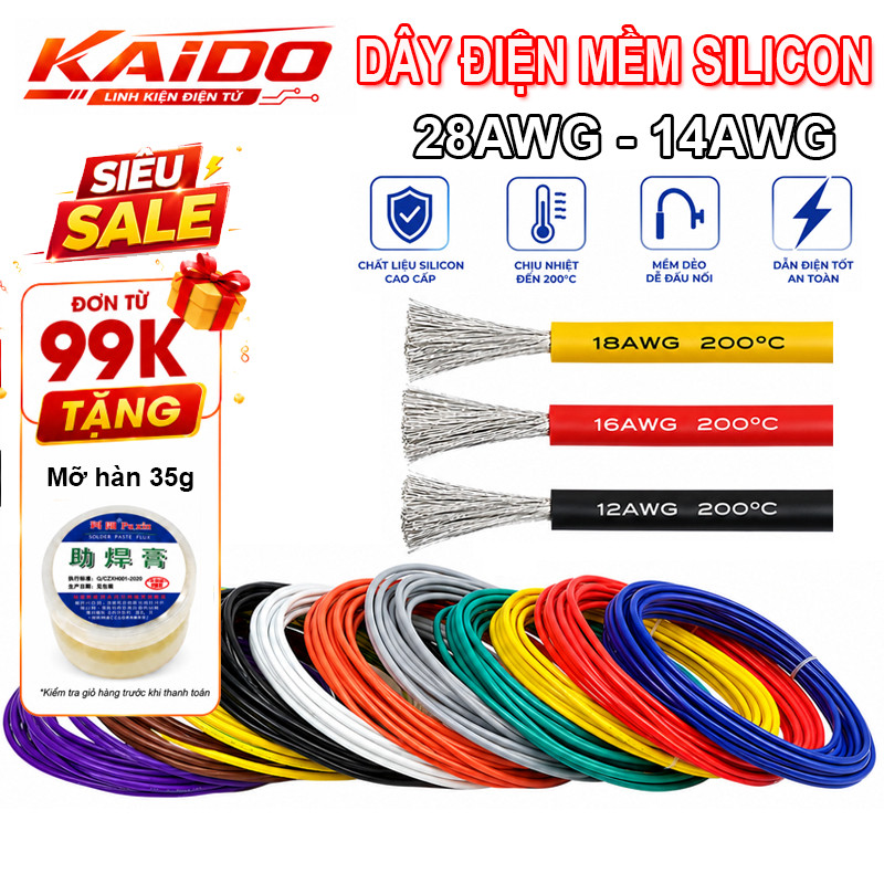 [Deal tốt] Dây Điện Silicon Mềm 28AWG Đến 14AWG - Lõi Đồng Mạ Chống Oxy Hóa, Dẫn Điện Tốt, Chống Chá