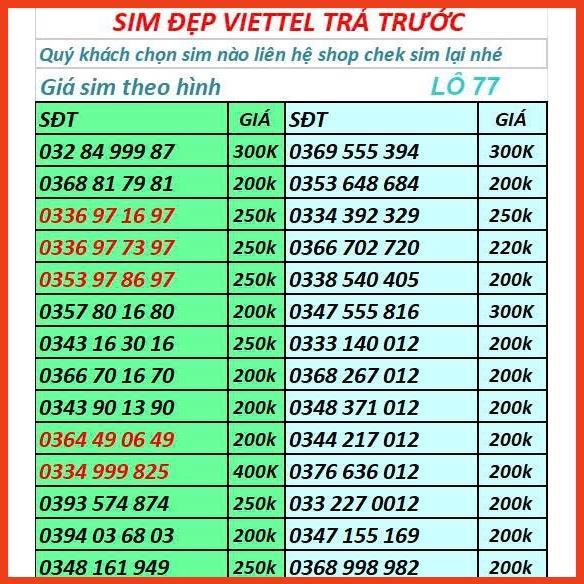 SIM VIETTEL -XẢ KHO SIM SỐ ĐẸP TRẢ TRƯỚC DỄ NHỚ GIÁ RẺ ĐĂNG KÝ ĐƯỢC CHÍNH CHỦ LÔ 23