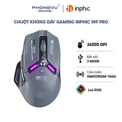 Chuột không dây Gaming Inphic IN9 Pro PixArt PAW3395 (Xám) - Bảo hành 12 tháng