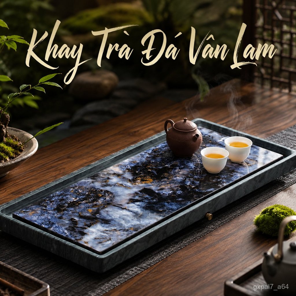 Dễ dàng vệ sinh, khay trà đá đen vàng tự nhiên sang trọng nhẹ nhàng, khay trà đá vân gỗ kèm khay đựn