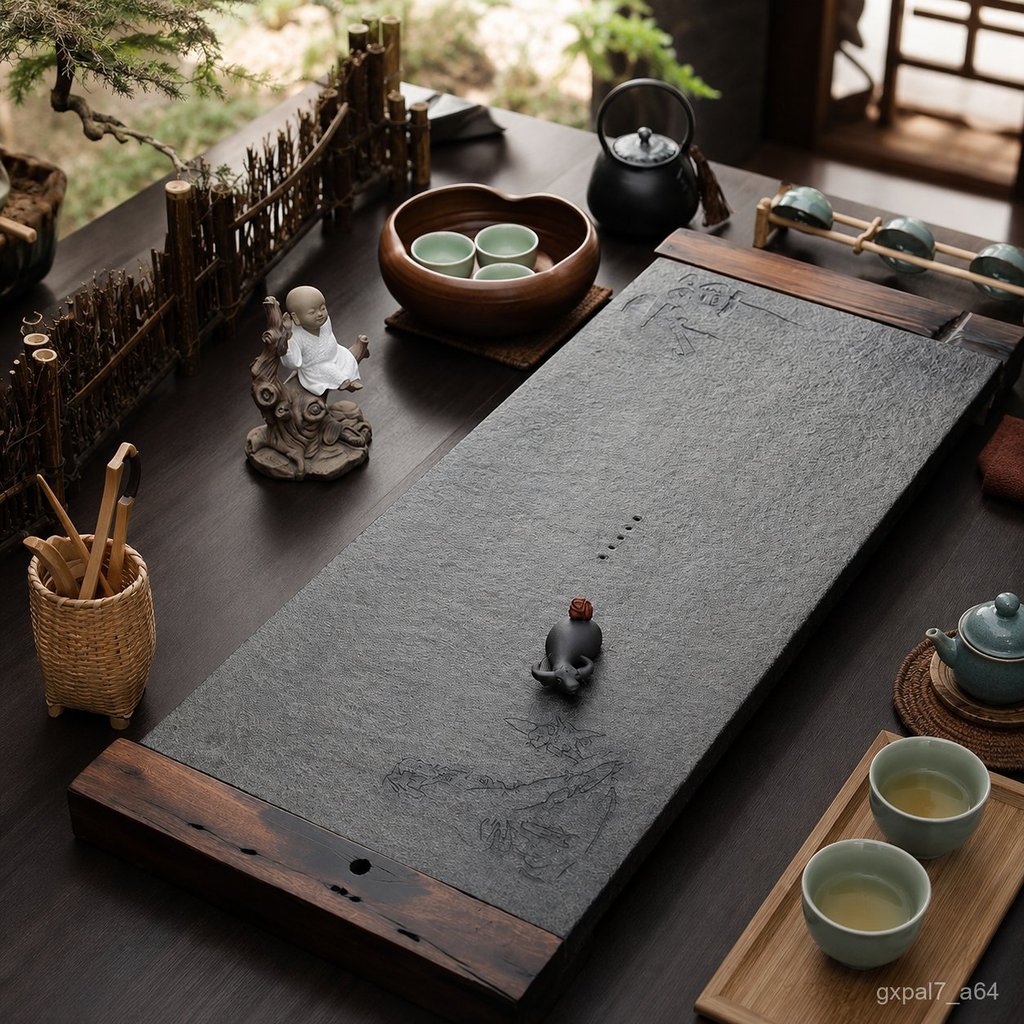 Khay trà đá đen Chajinji, khay trà đá thoát nước lớn làm từ gỗ thuyền cổ, bàn trà đơn giản, khay trà