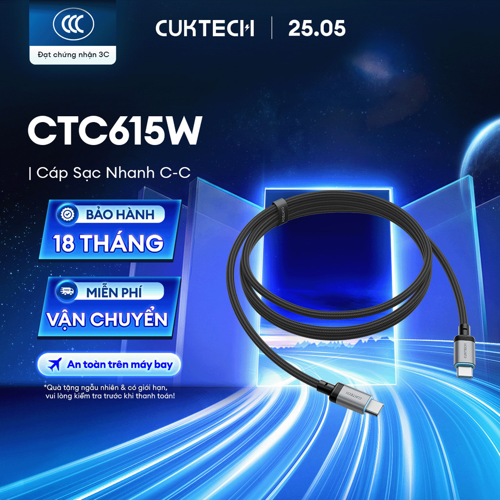 Cáp Sạc Nhanh CUKTECH CTC615W C-C 1.5m | Công Suất Sạc Max 240W (6A) | Truyền Dữ Liệu 480 Mbps | Bảo Hành 18 Tháng | BigBuy360 - bigbuy360.vn