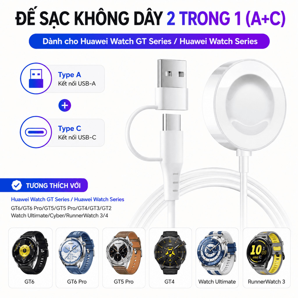 Đế sạc không dây 2 trong 1(A+C)dành cho Huawei Watch GT6/GT6 Pro/GT5/GT5 Pro/GT4/GT3/GT2/Watch Ultim