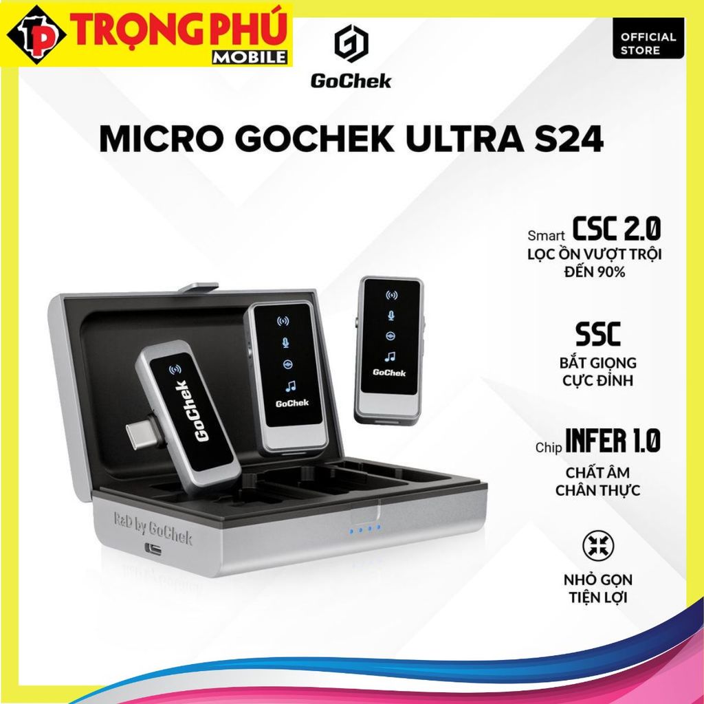 Micro thu âm Gocheck Ultra S24 - S2403, 2 đầu typeC + lighting, 2 Micro + Hộp sạc Online