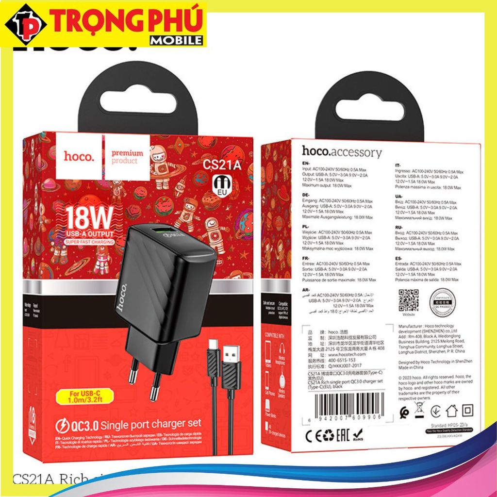 Bộ sạc Usb-TypeC Hoco CS21A Rich single port QC3.0 Online