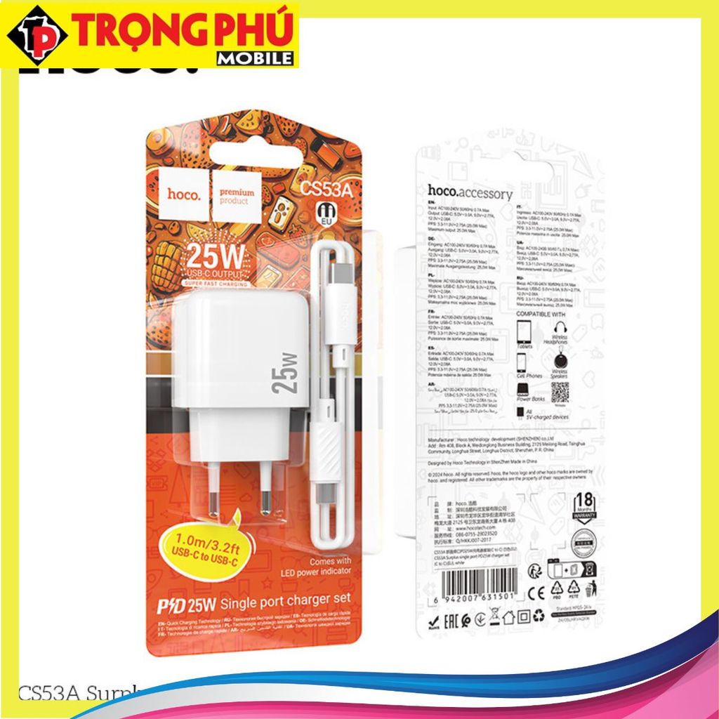 Bộ sạc TypeC-TypeC Hoco CS53A Surplus một cổng PD25W Online
