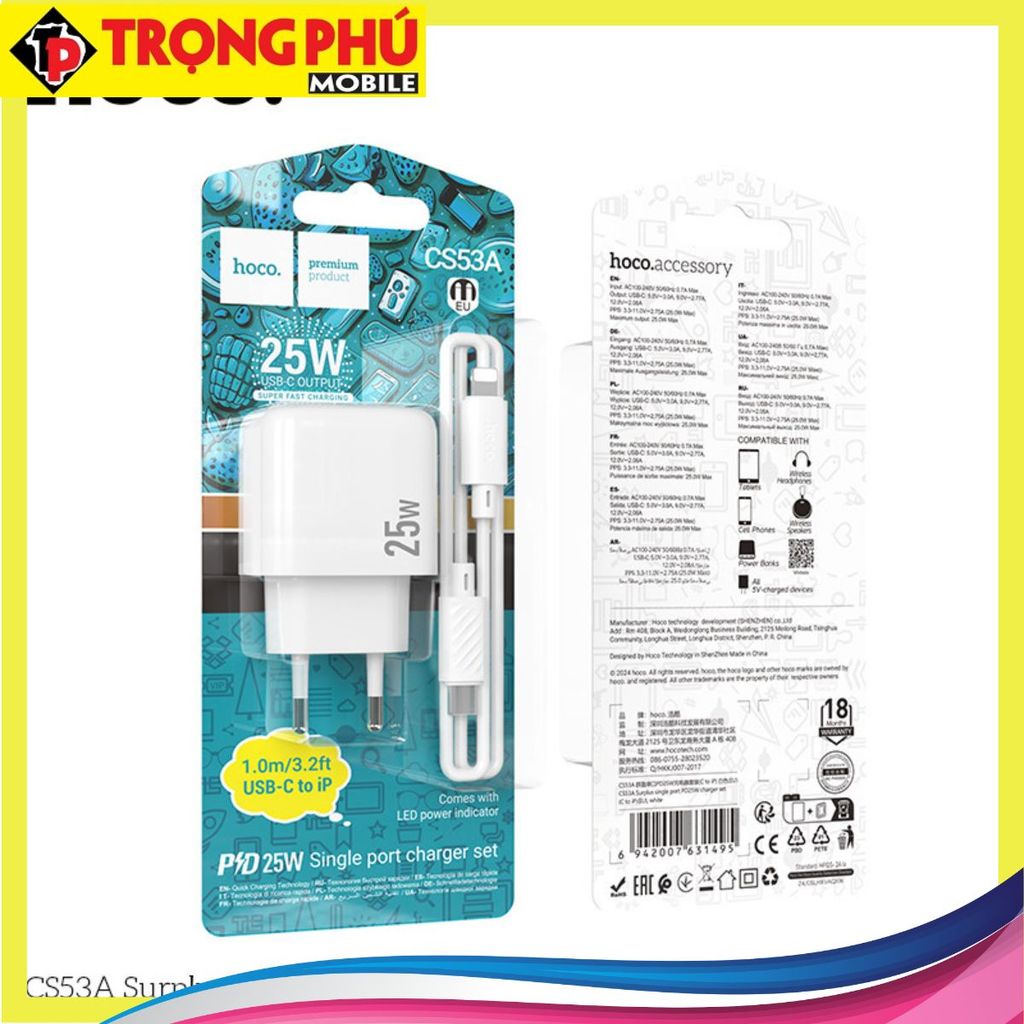 Bộ sạc TypeC-Lighting Hoco CS53A Surplus PD25W một cổng Online