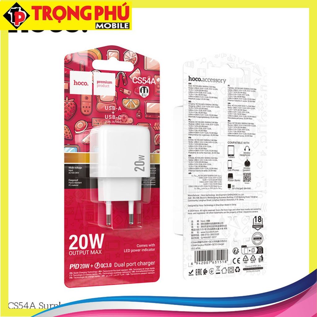 Cốc sạc 2 cổng Hoco CS54A Surplus PD20W+QC3.0 (EU) Online