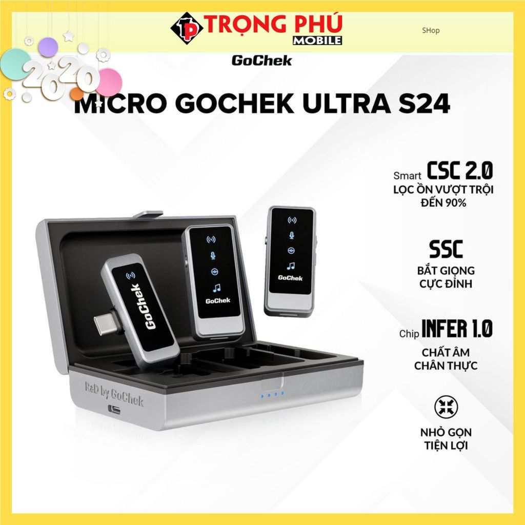Micro thu âm Gocheck Ultra S24 - S2403, 2 đầu typeC + lighting, 2 Micro + Hộp sạc Shop