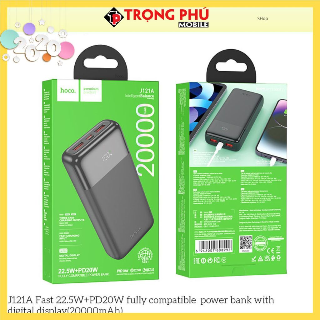 Sạc dự phòng Hoco J121A 20.000mah sạc nhanh 22,5w+ps20w Shop