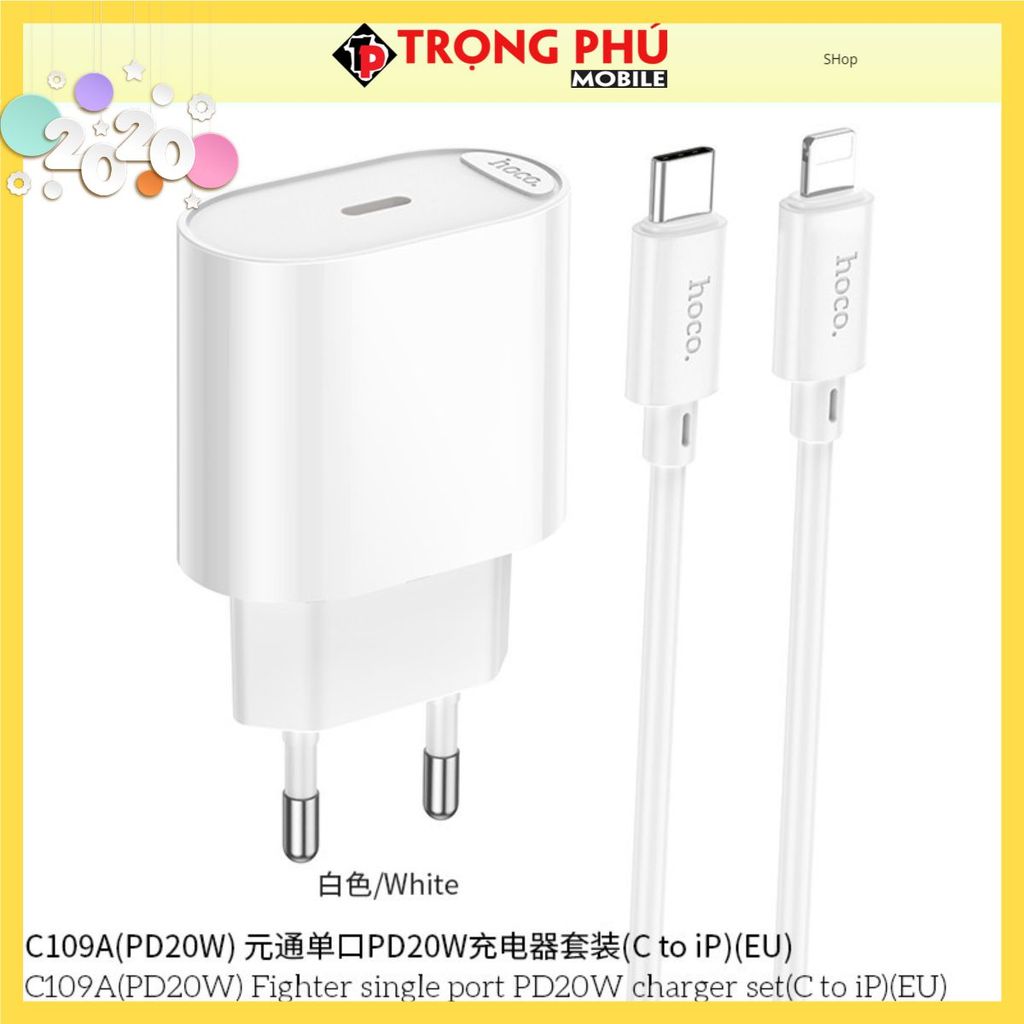 Bộ sạc TypeC-Lighting Hoco C109/C109A 20W c-l 1 cổng Shop