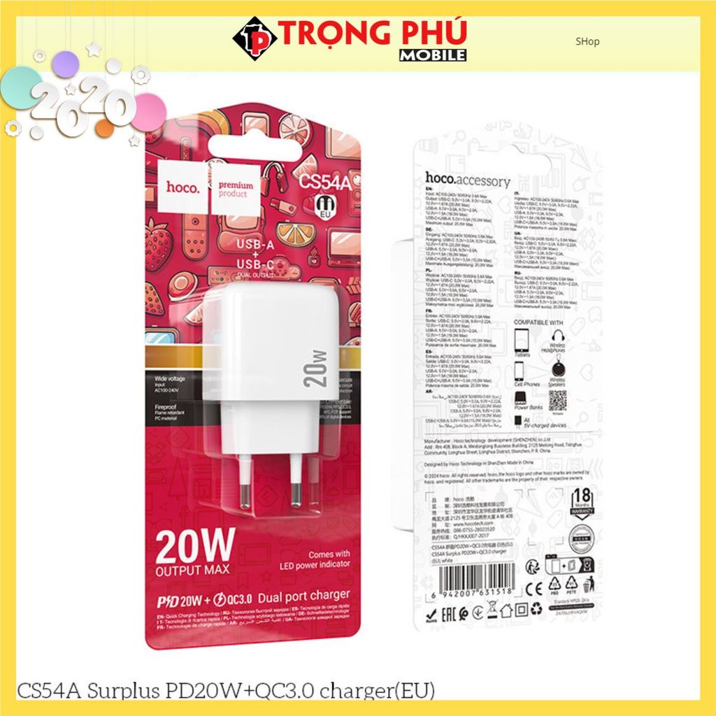Cốc sạc 2 cổng Hoco CS54A Surplus PD20W+QC3.0 (EU) Shop