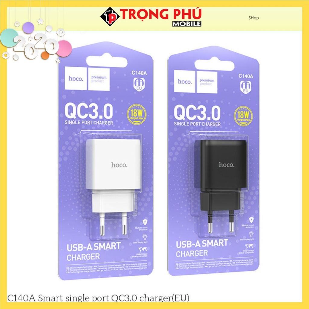 Cốc sạc Usb Hoco C140A QC3.0 cổng đơn thông minh (EU) Shop
