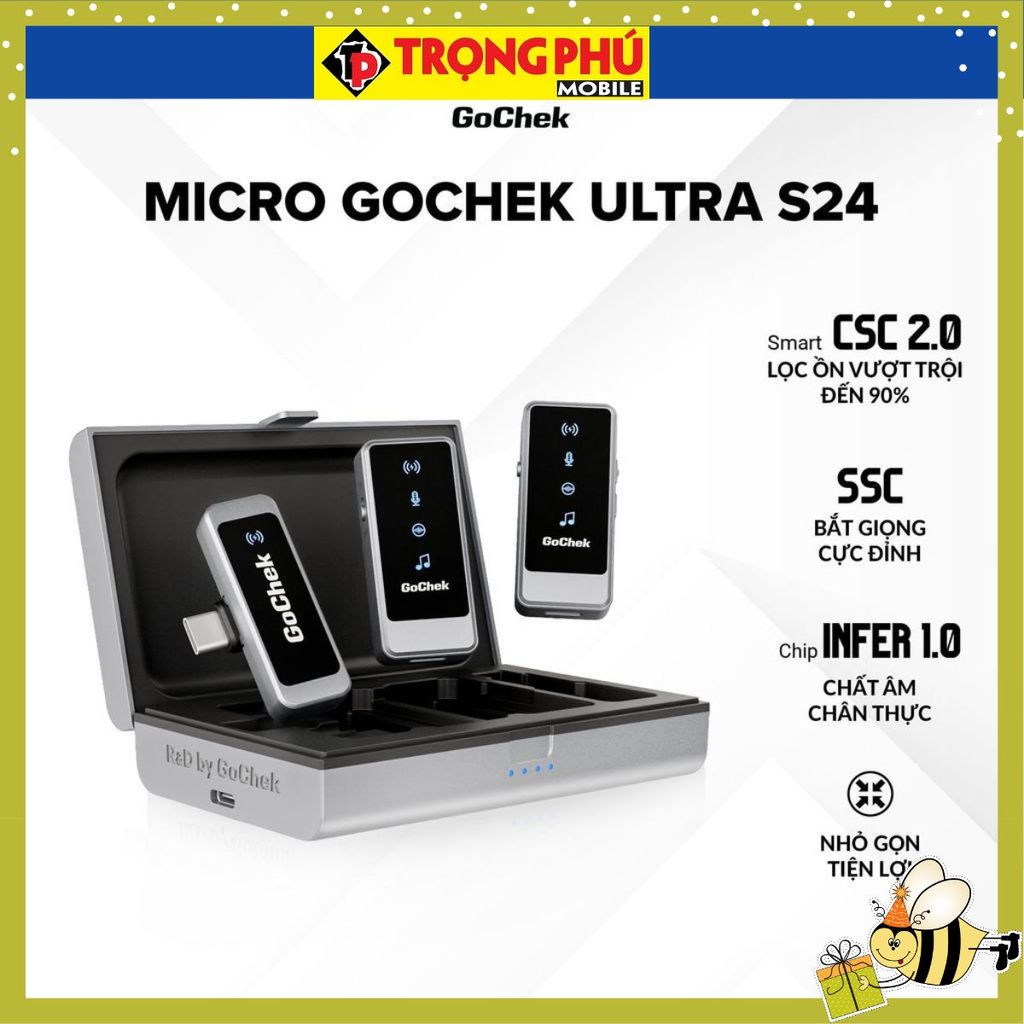 Micro thu âm Gocheck Ultra S24 - S2403, 2 đầu typeC + lighting, 2 Micro + Hộp sạc CH02
