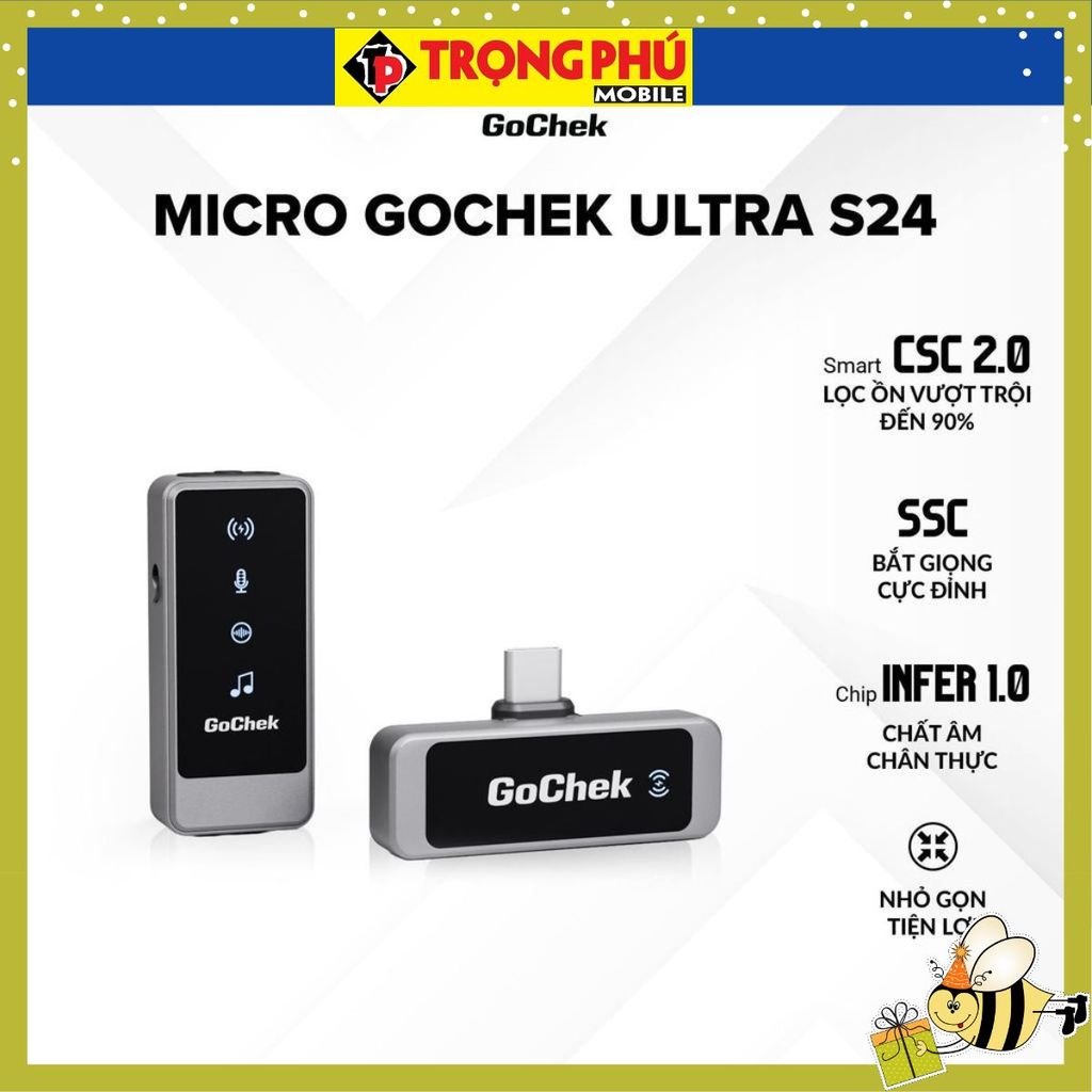 Micro thu âm Gocheck Ultra S24 - S2401, 2 đầu typeC + lighting, 1 Micro Không hộp sạc CH02