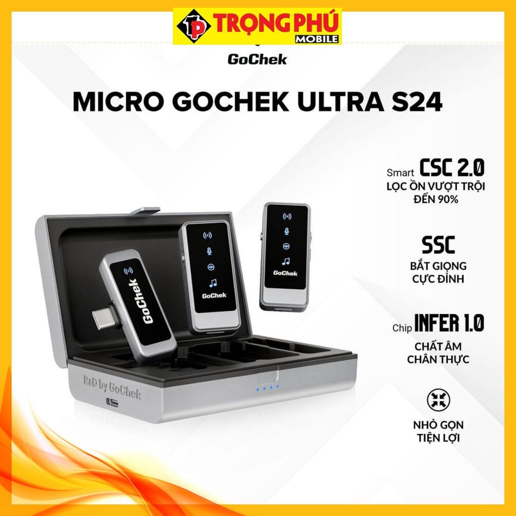 Micro thu âm Gocheck Ultra S24 - S2403, 2 đầu typeC + lighting, 2 Micro + Hộp sạc CH3 Hot
