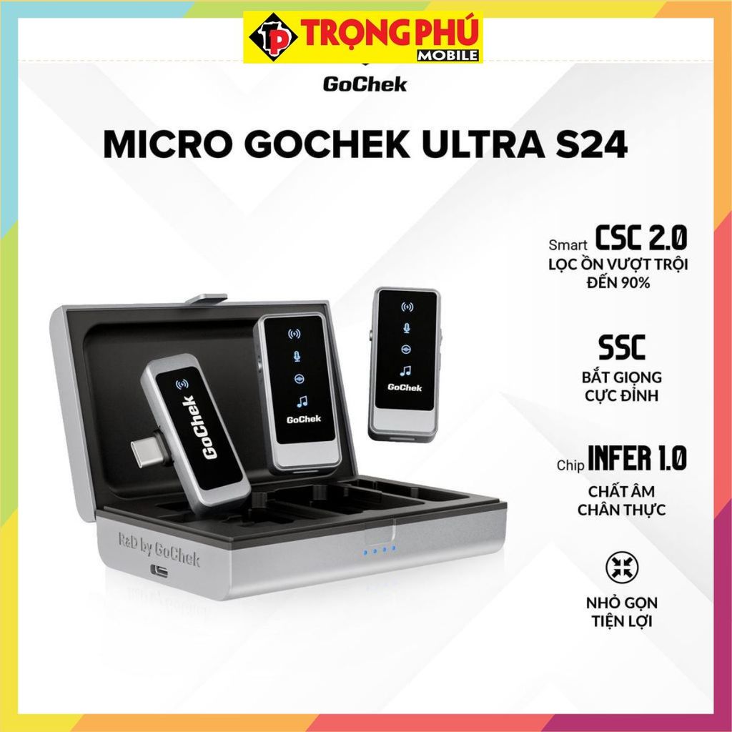 Micro thu âm Gocheck Ultra S24 - S2403, 2 đầu typeC + lighting, 2 Micro + Hộp sạc CH4 khuyến mãi