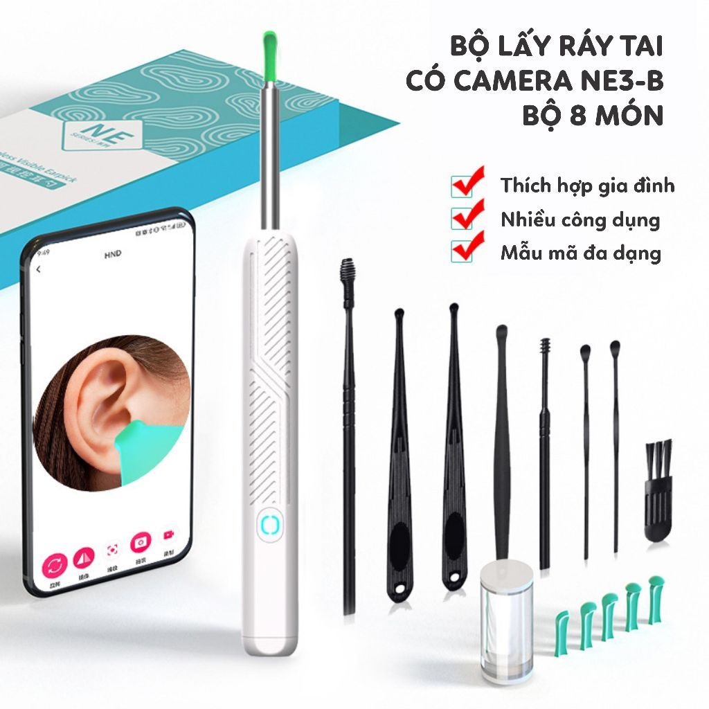 Dụng cụ lấy ráy tai camera NE3 PRO kèm 8 món phụ kiện, nội soi đa năng. Hình ảnh sắc nét kết nối app