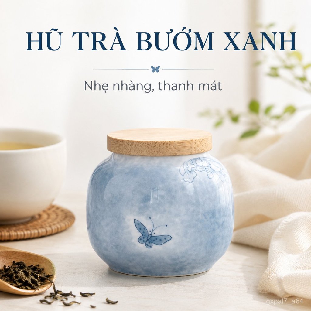 Hũ đựng trà hình bướm vẽ tay, hũ gốm sứ kín, hũ đựng trà mini sáng tạo cao cấp, nhỏ gọn, chống ẩm.