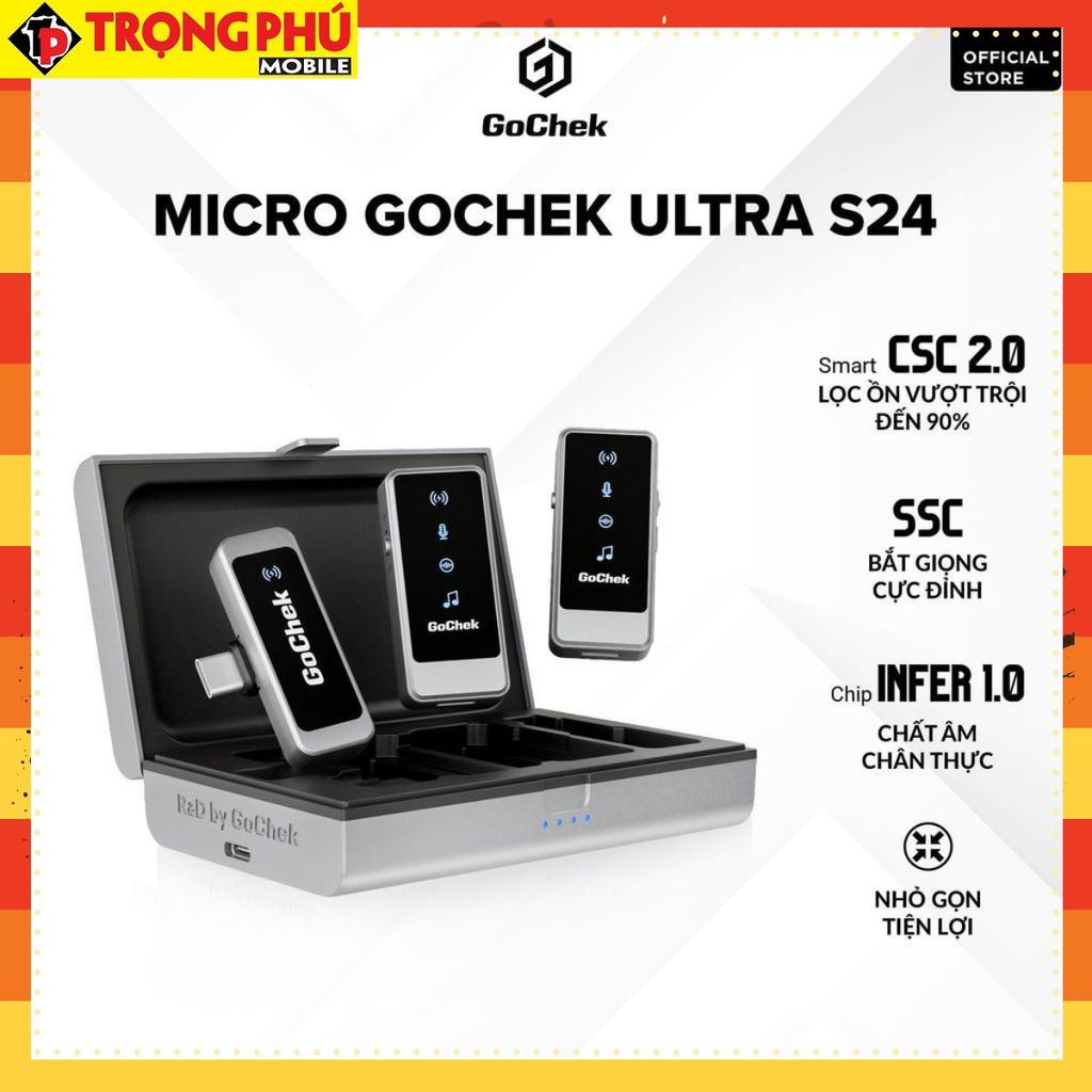 Micro thu âm Gocheck Ultra S24 - S2403, 2 đầu typeC + lighting, 2 Micro + Hộp sạc CH6