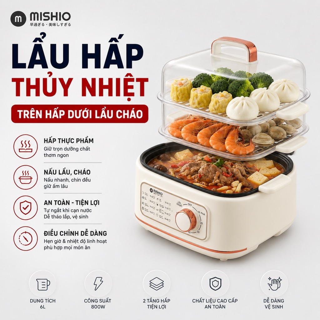 Nồi lẩu hấp thủy nhiệt Mishio MK382 3L, khay hấp inox 304, màu kem
