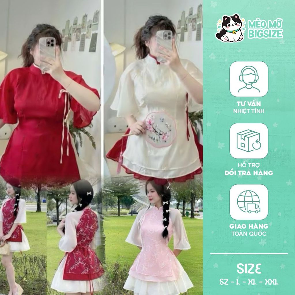 Mèo Mỡ Bigsize — Set bộ váy cách tân áo thêu hoa bigsize tết 2026 60-90kg