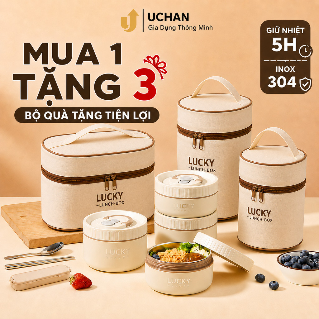 Hộp cơm giữ nhiệt Uchan Hộp đựng cơm văn phòng Tặng Túi, Cà mên giữ nhiệt dùng được trong lò vi sóng SP02