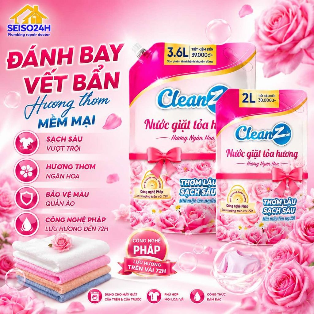 Nước Giặt Xả CleanZ Đánh Bay Vết Bẩn, Hương Thơm Mềm Mại, Bảo Vệ Màu Quần Áo