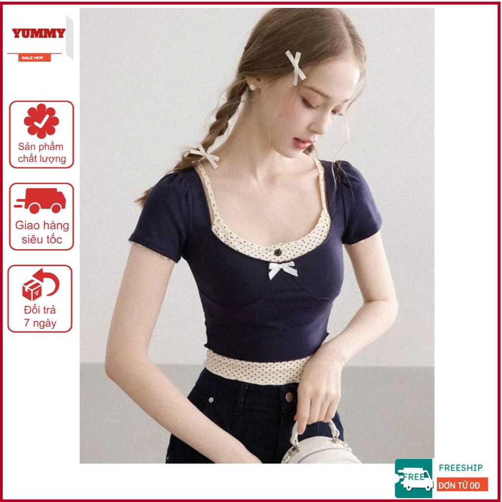[Ảnh thật] Áo thun ôm body nữ YUMMY thun gân tay ngắn, Áo thun cổ vuông phối 2 lớp nữ basic Hàn Quốc - A01