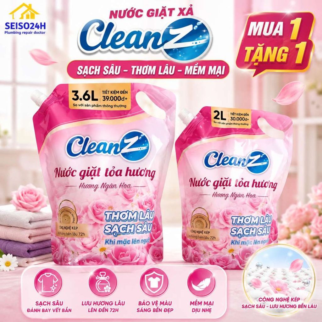(Mua 1 tặng 1) Nước giặt xả CleanZ Công Nghệ Kép Sạch Sâu, Lưu Hương Lâu Dài, Bảo Vệ Màu Quần Áo