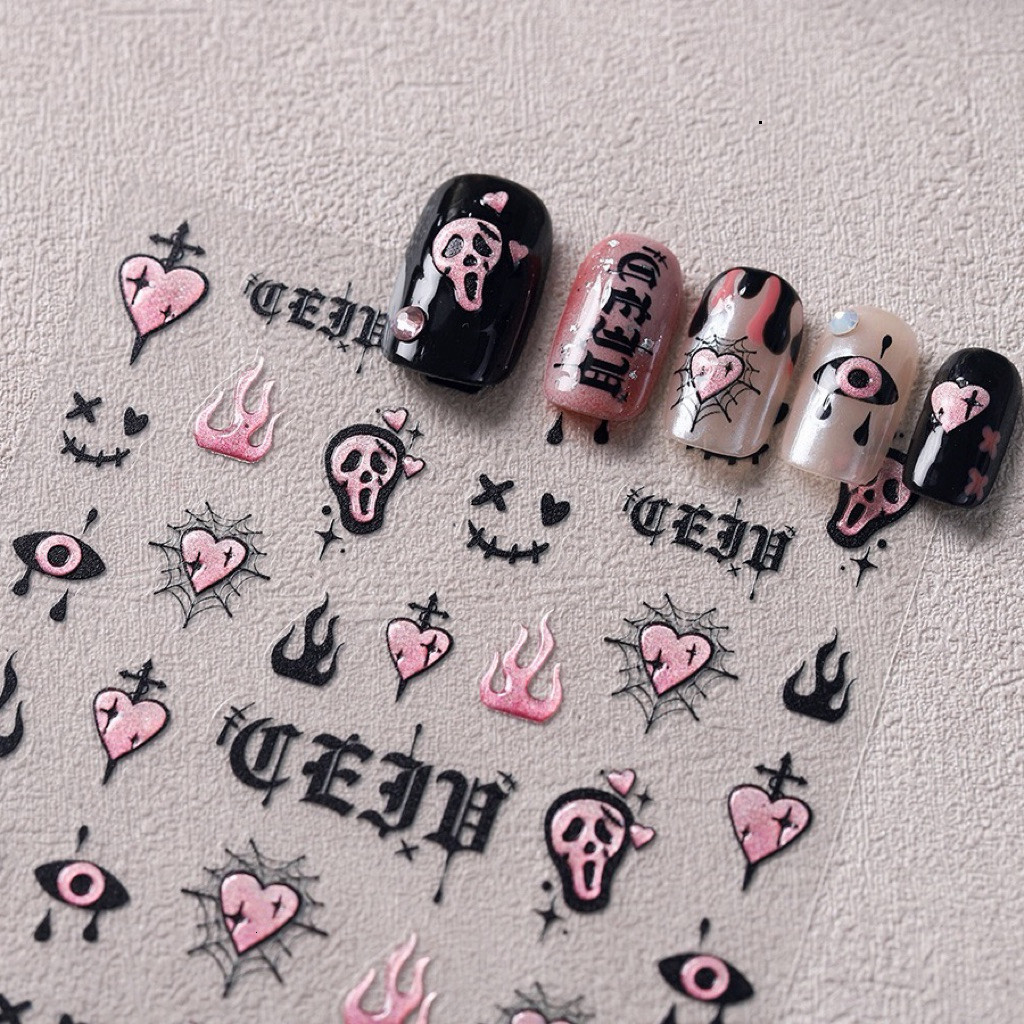 Sticker Nail Gothic Hồng Đen M-739 – Decal Dán Móng Skull & Heart Cá Tính
