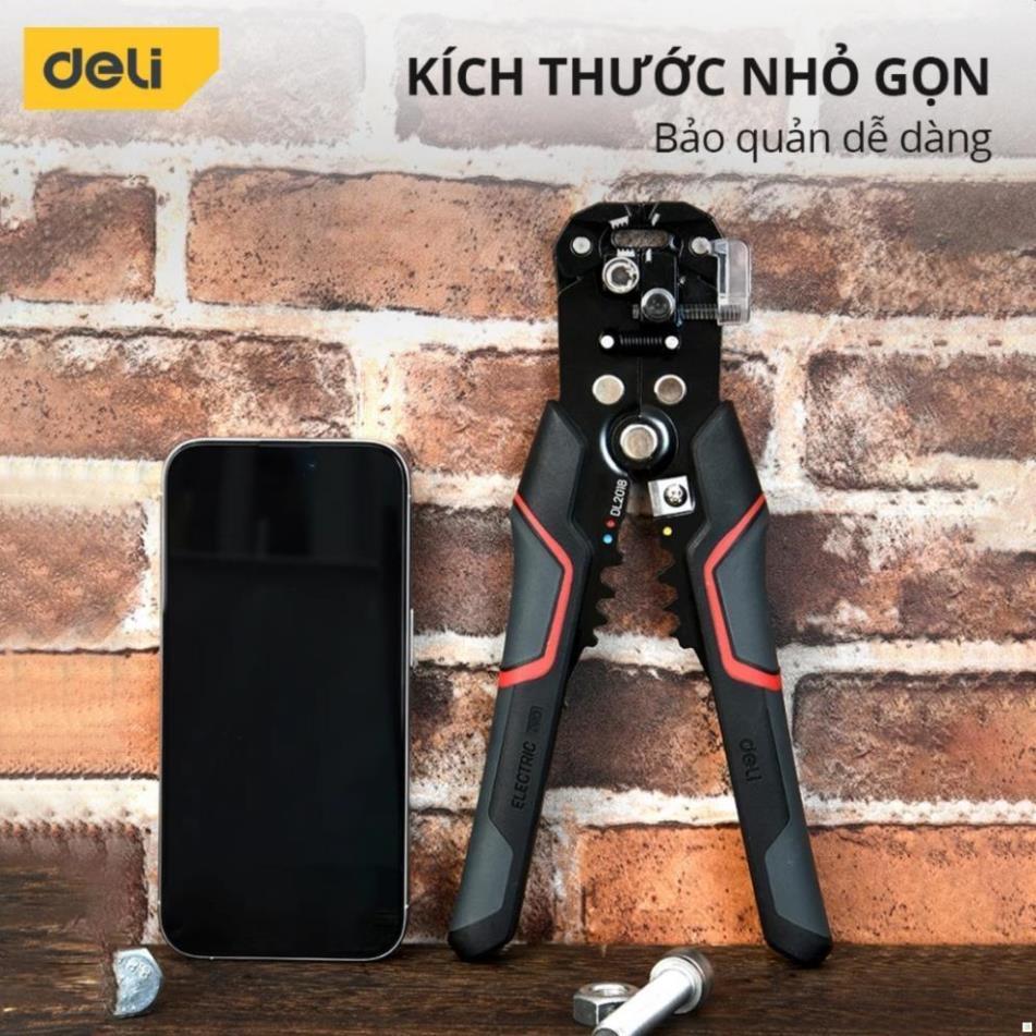 Kìm Tuốt Dây Điện Bấm Cos Đa Năng Deli - Chất Liệu Thép Cao Cấp, Điều Chỉnh Lực Tuốt Dây Dễ Dàng - D