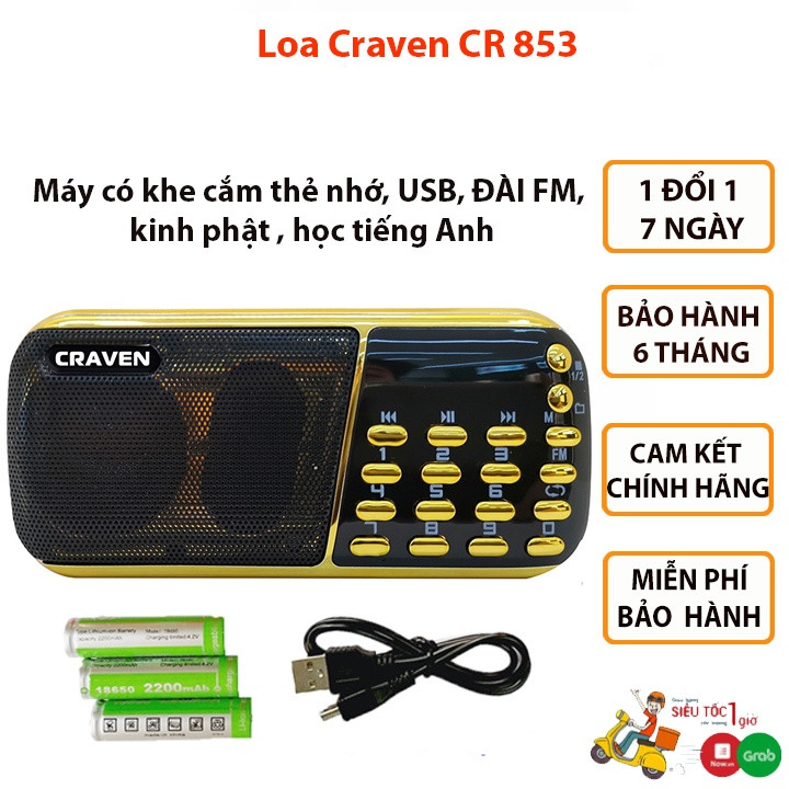 Loa Craven CR-853, Craven CR 853, Craven 853 3 PIN Nghe Rất Lâu Dùng Thẻ Nhớ Hoặc USB, Nghe Đài FM, 